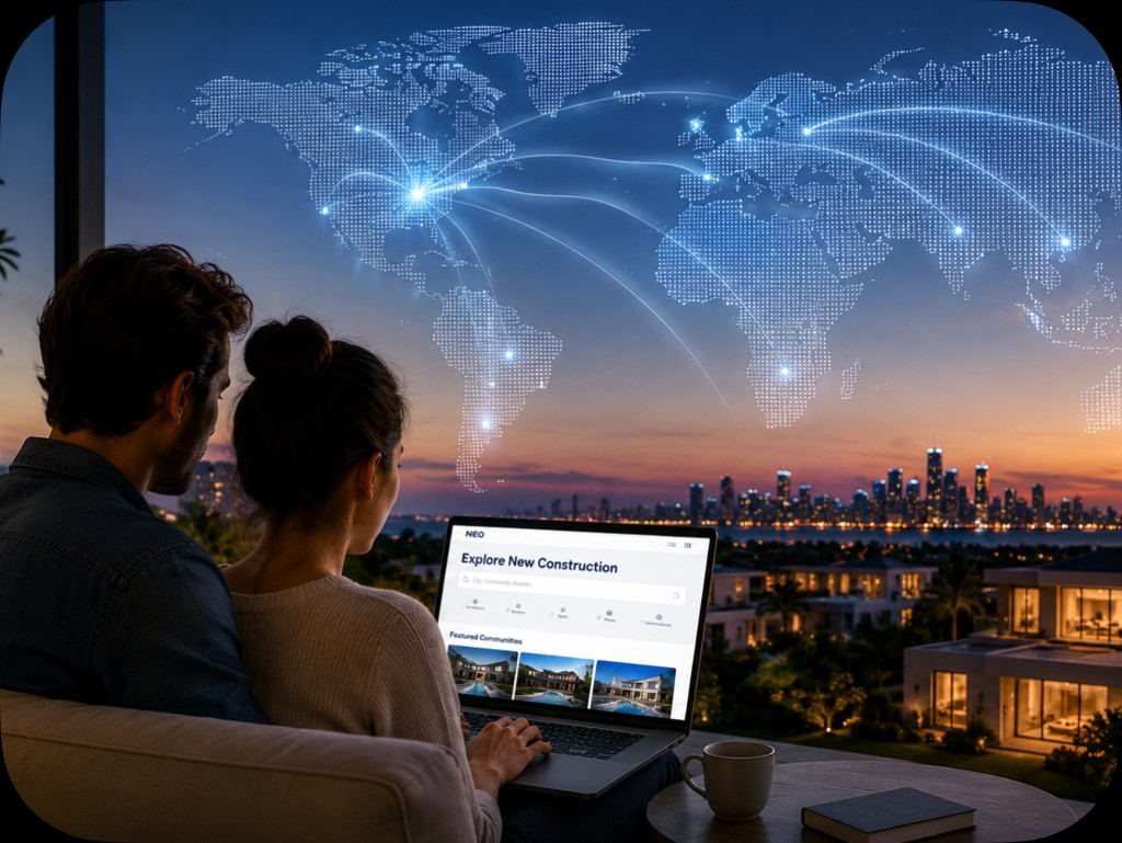 Couple exploring new construction communities on NEO from a balcony overlooking a global cityscape